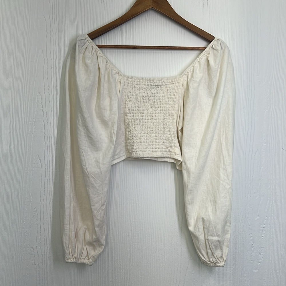 Forever 21 - Ivory Linen Blend Puffed Sleeve Heart Neckline Crop Size Medium - Picture 10 of 11